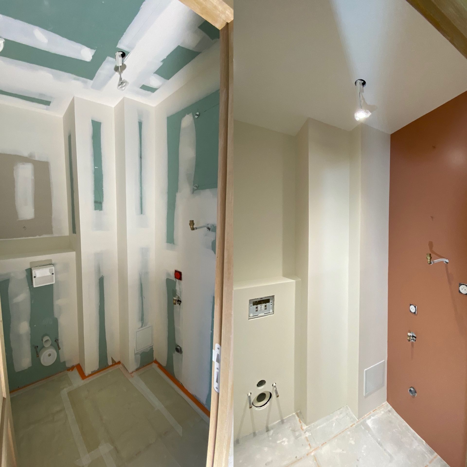 Rénovation de salle de bain : Avant (à gauche) : cloisons sèches avec plomberie apparente. Après (à droite) : murs finis couleur crème et terre cuite.