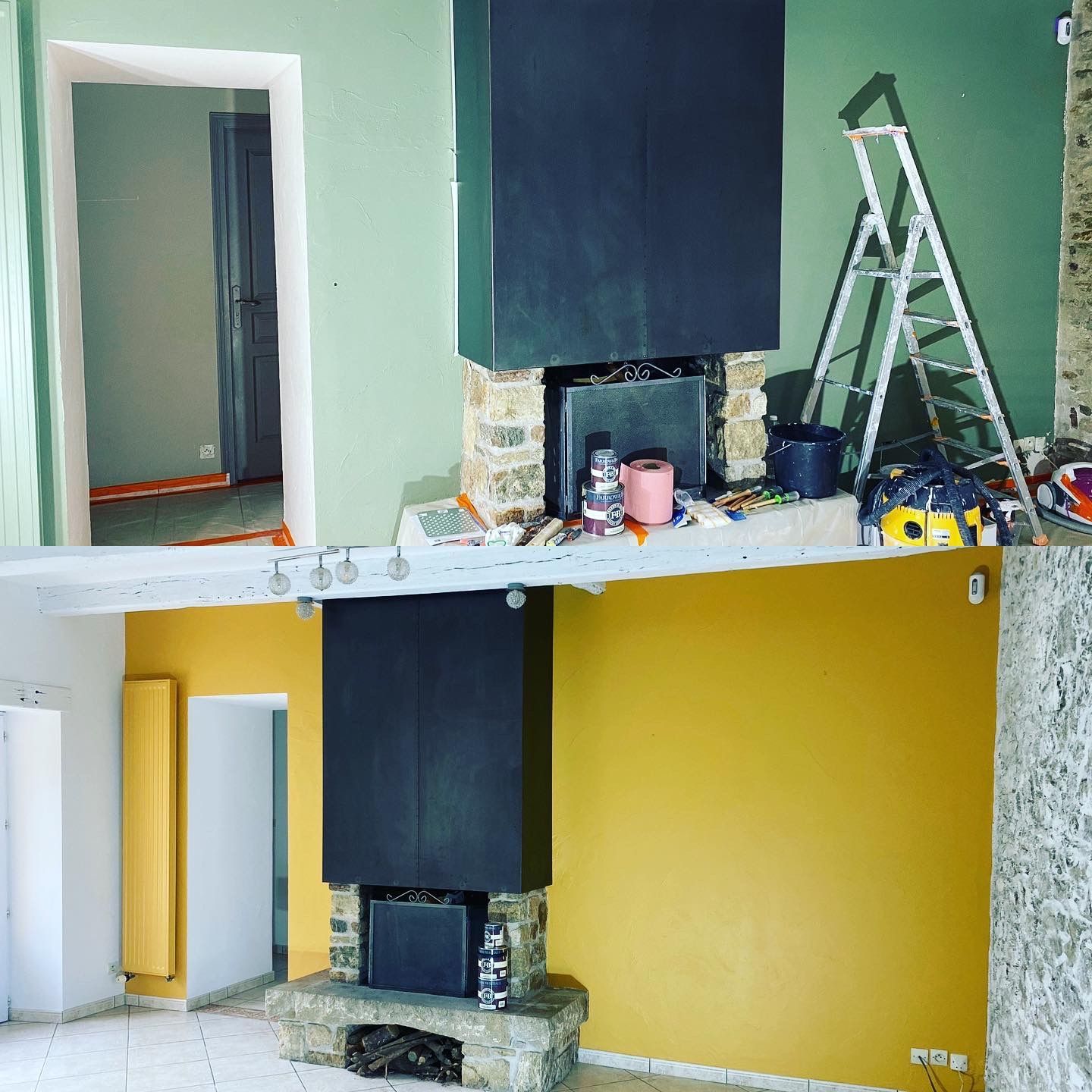 Avant et après la rénovation d'une cheminée. En haut : murs verts, porte grise. En bas : murs jaunes, porte blanche.