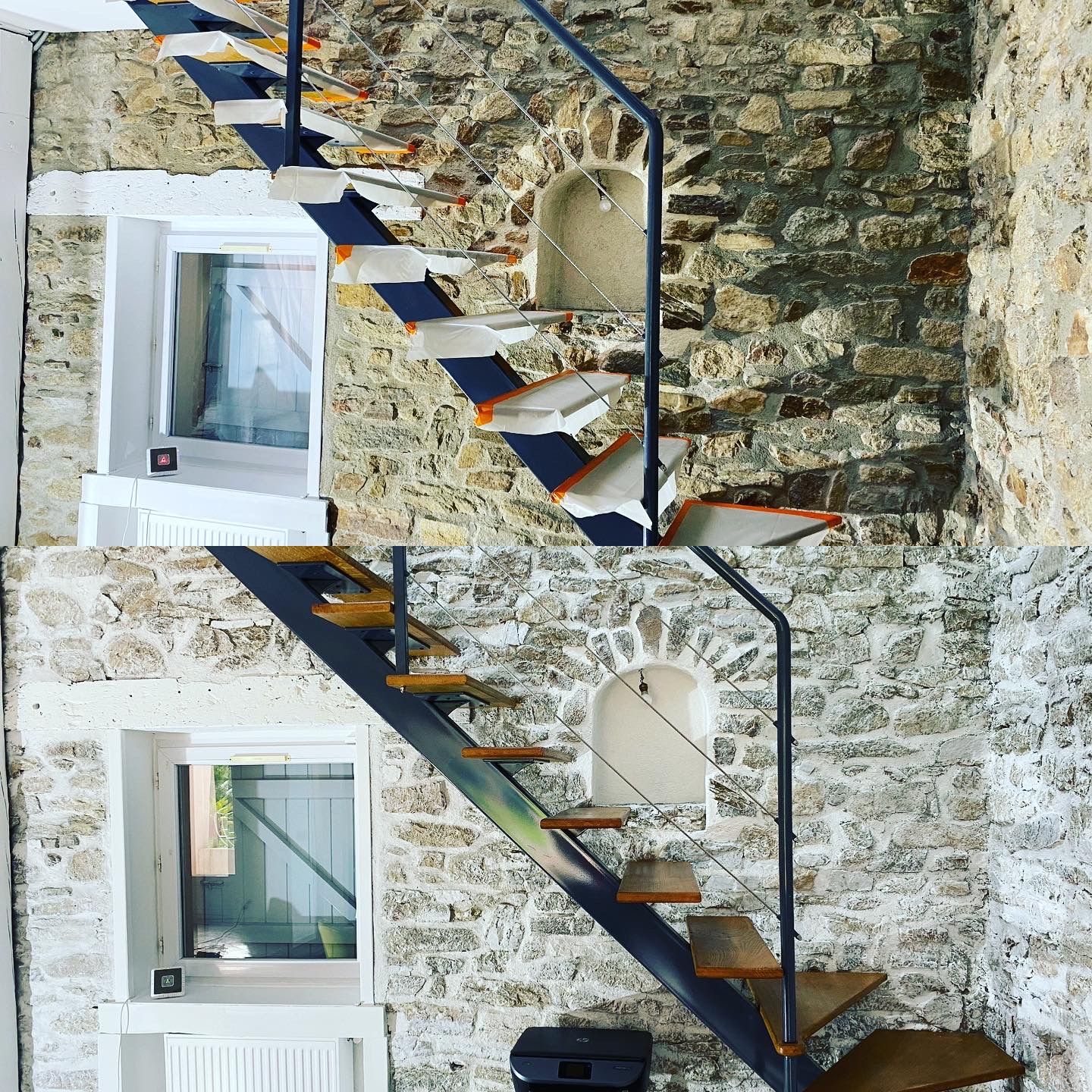 Deux photos d'un mur en pierre et d'un escalier. En haut, des marches blanches et bleues, en bas, des marches en bois. Chacune comporte une fenêtre.