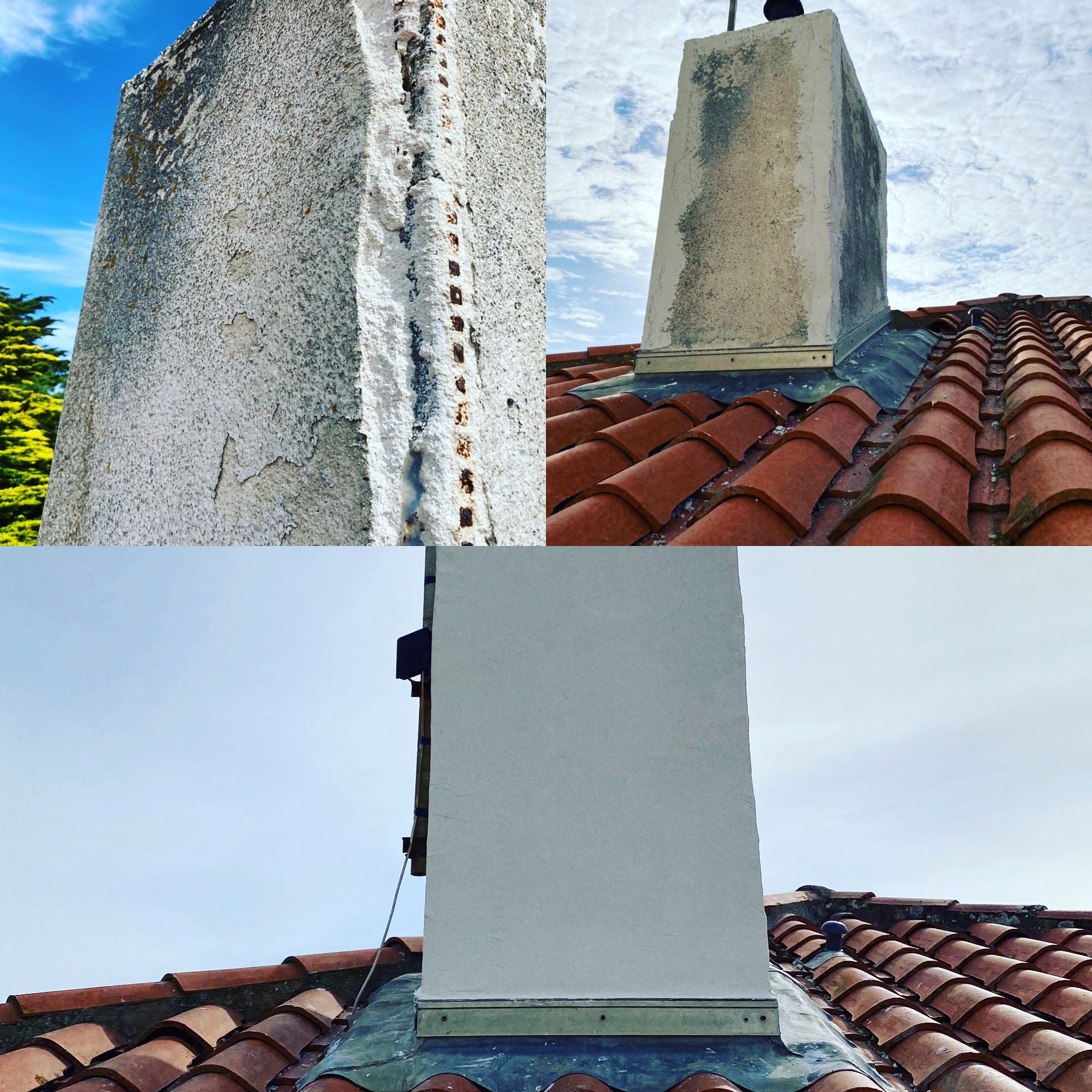 Trois images d'une cheminée sur un toit de tuiles rouges : avant et après réparation. Fissure comblée.