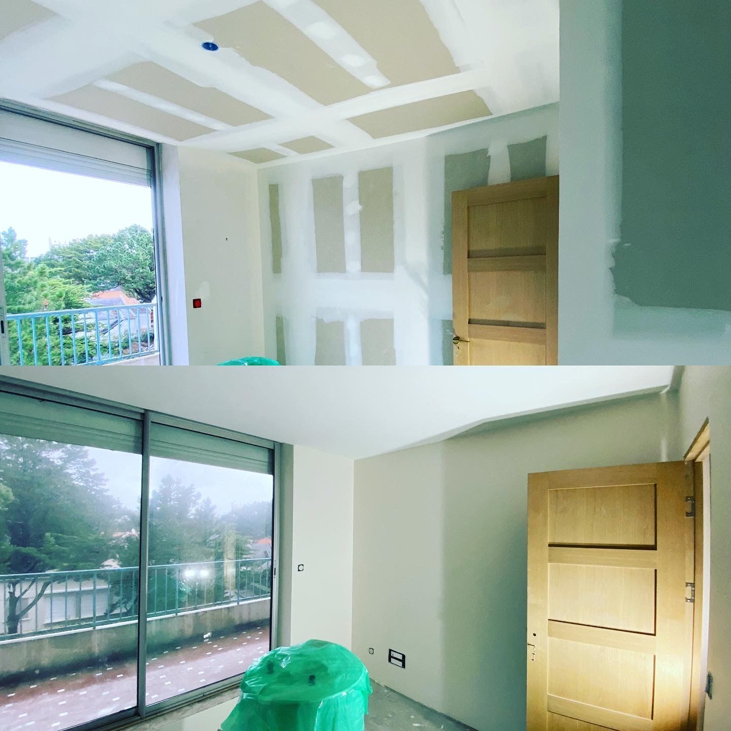 Avant et après : Pièce en construction, cloisons sèches sur les murs et le plafond, puis finition avec murs peints, porte et fenêtres.