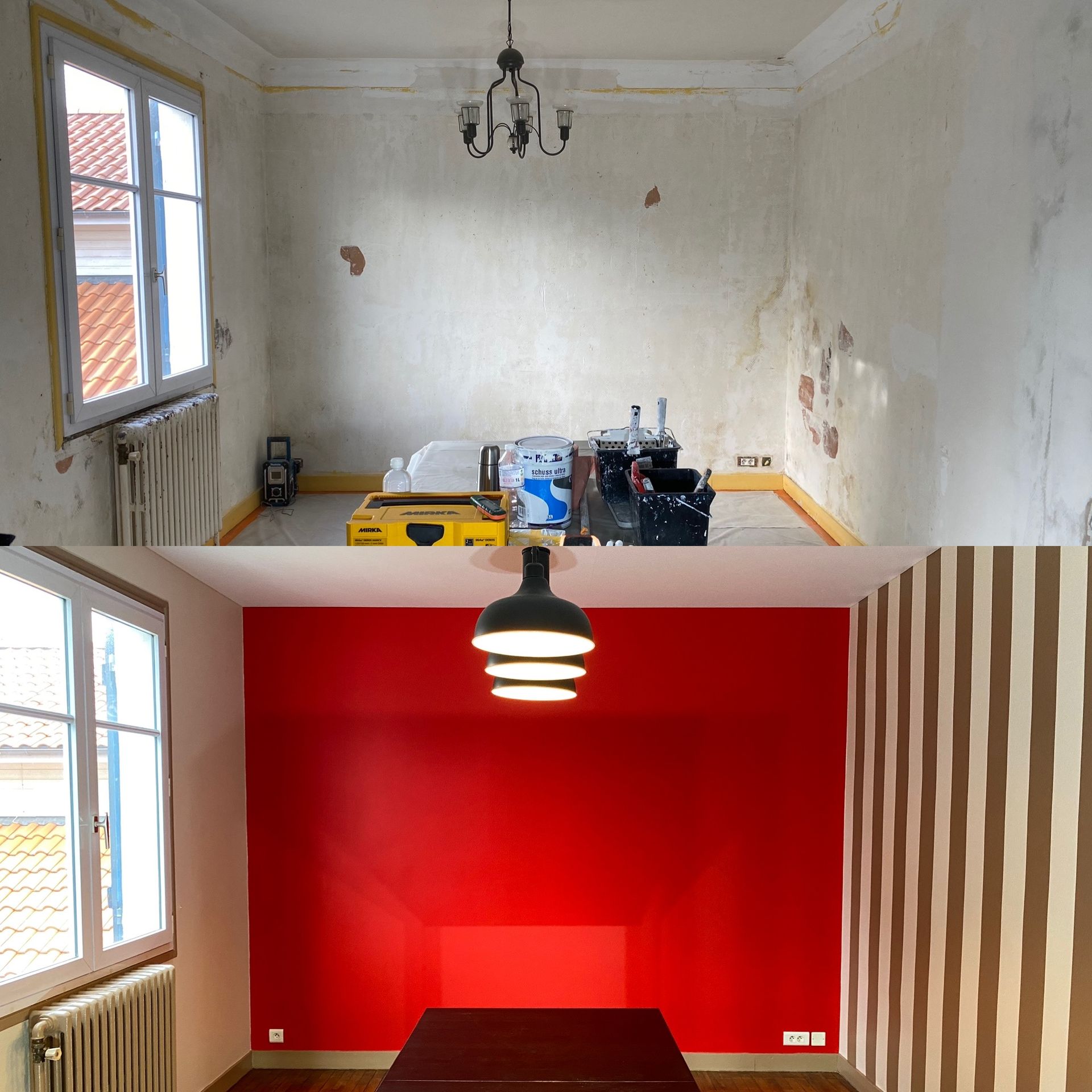 Avant et après d'une rénovation de chambre; murs blancs sur un mur rouge avec accent de rayures et nouvelle lumière.