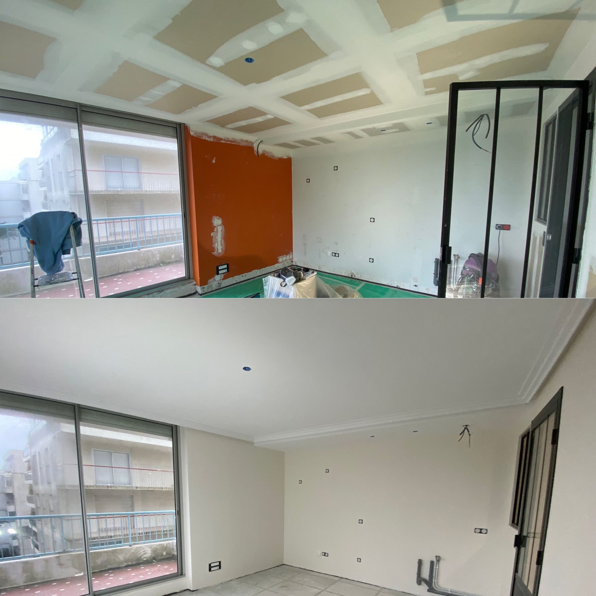 En haut : Pièce en construction avec plafond à panneaux apparents et mur orange. En bas : Pièce terminée avec murs peints et moulures.