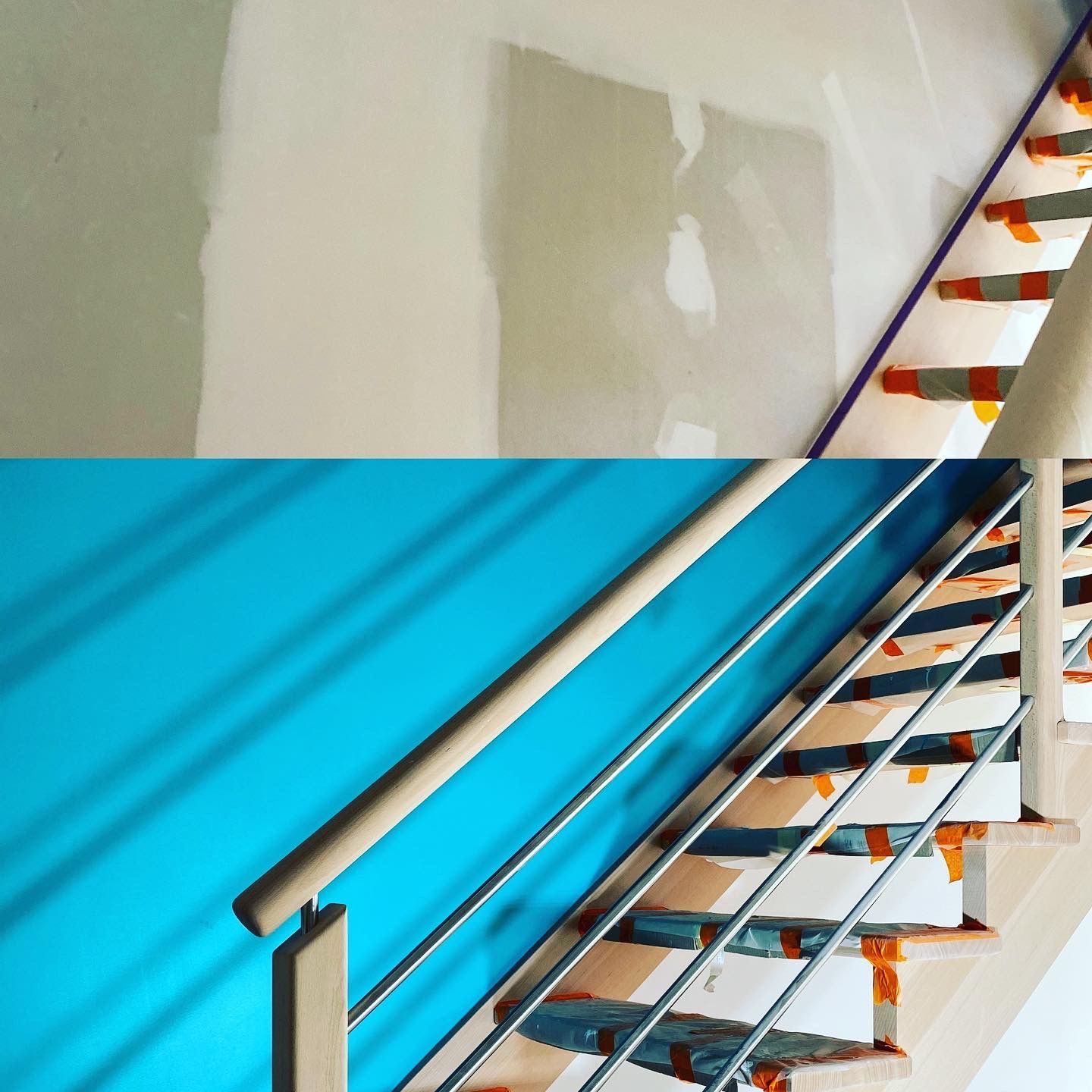 Comparaison de deux panneaux d'un escalier. En haut : mur brut et escalier. En bas : mur bleu, escalier fini avec rampe.