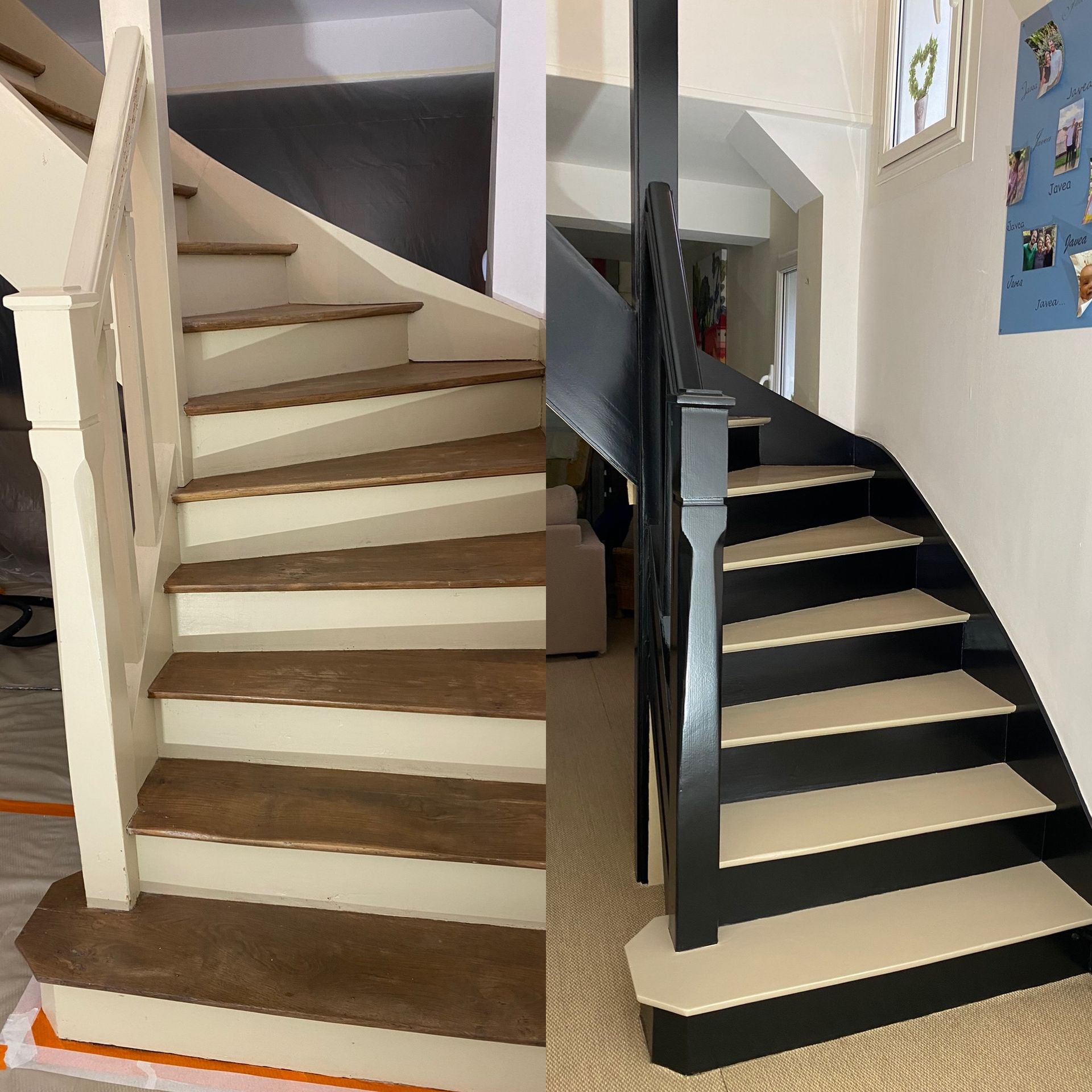 Comparaison : Avant et après la rénovation d'un escalier. L'original est crème et bois, tandis que le nouveau est noir et crème.