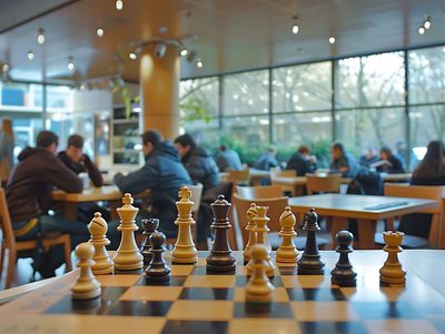 Des pièces d'échecs disposées sur un échiquier dans un café lumineux, avec des personnes assises et discutant en arrière-plan.
