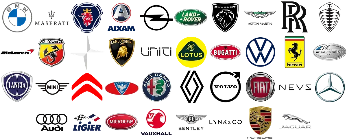 Un montón de logotipos de coches sobre un fondo blanco.