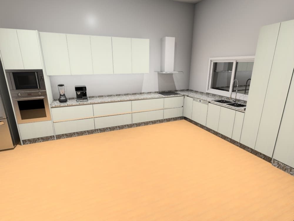 Cocina blanca moderna con piso de madera clara, gabinetes, electrodomésticos y fregadero.