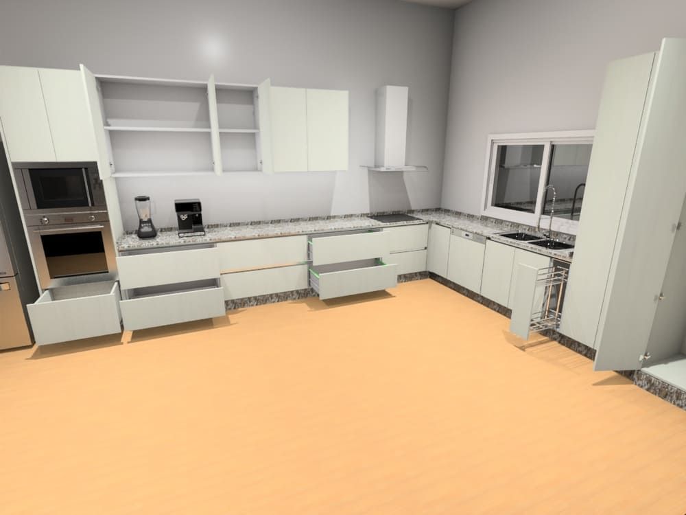 Cocina blanca con gabinetes, cajones abiertos, electrodomésticos y ventana.