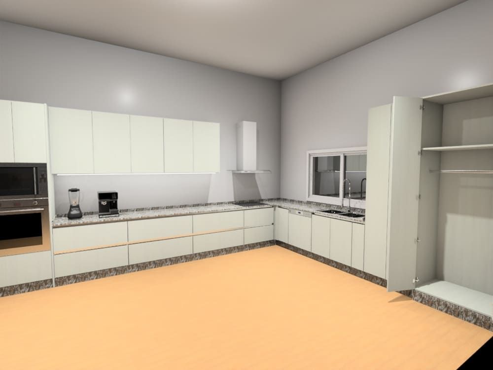 Cocina moderna con gabinetes claros, electrodomésticos de acero inoxidable, encimeras de granito y piso de madera.