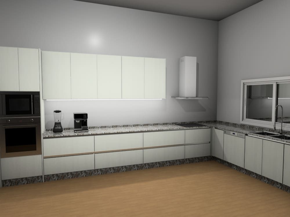 Cocina moderna con gabinetes claros, encimeras de granito y pisos de madera.