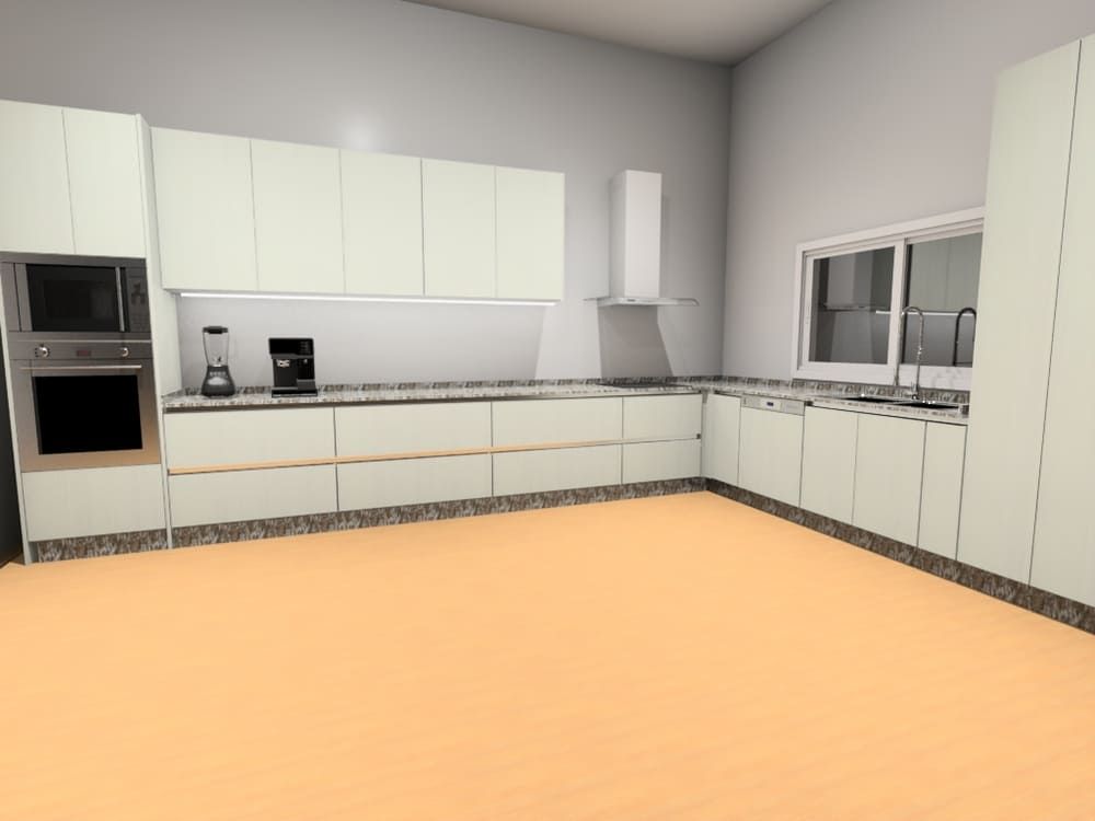 Cocina moderna con gabinetes blancos, electrodomésticos y piso color naranja claro.