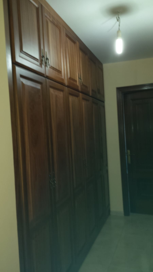 Un armario alto de madera marrón oscuro con varias puertas domina una habitación. A la derecha se ve una puerta cerrada.