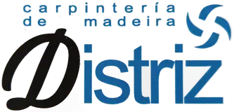 Logotipo para carpintería "Distriz", con texto en español y diseño en espiral azul.