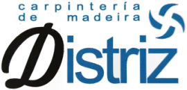 Logotipo para carpintería "Distriz", con texto en español y diseño en espiral azul.