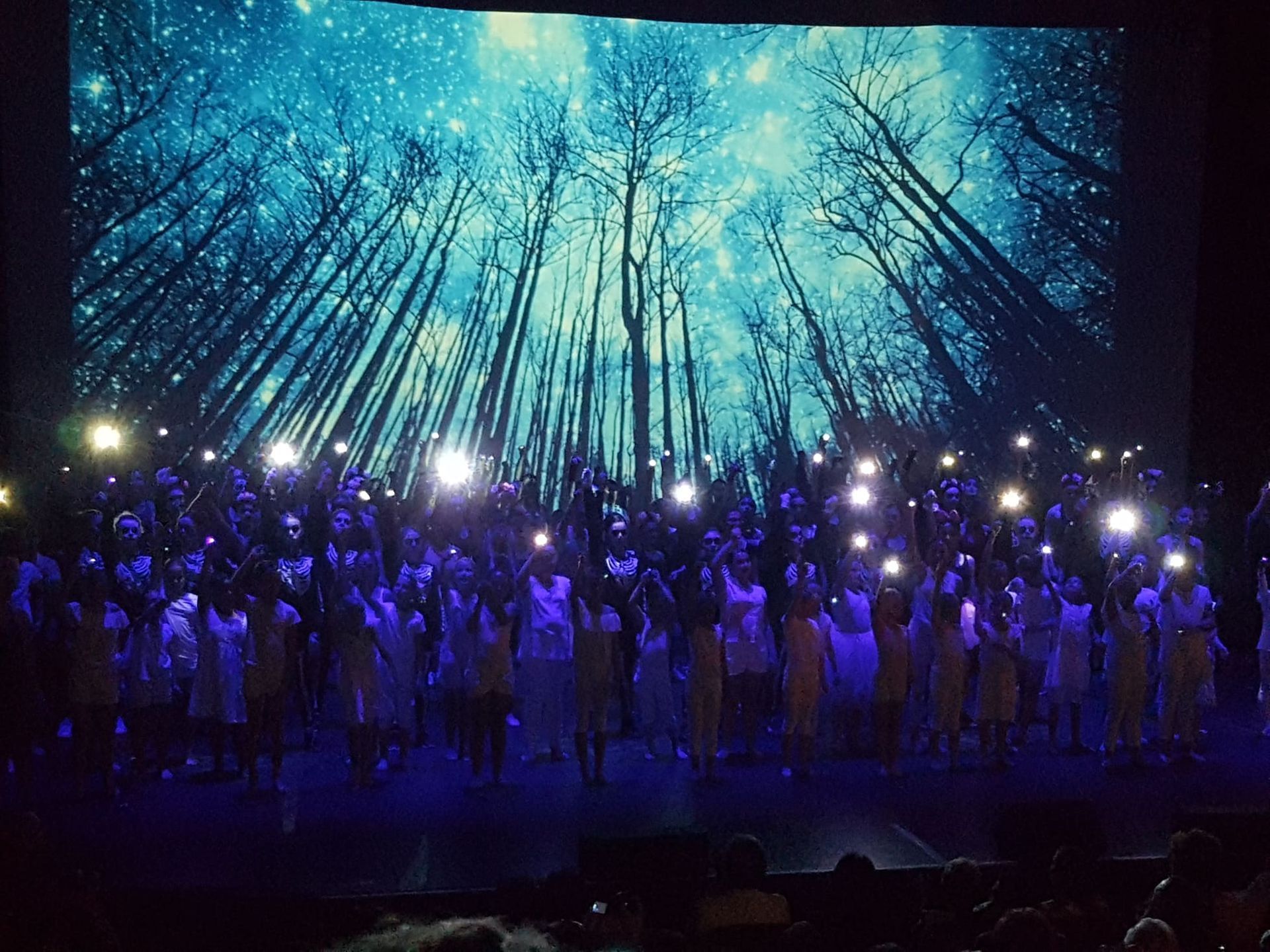 Une chorale se produit sur scène, tenant des lumières. Forêt en arrière-plan. Éclairage bleu.