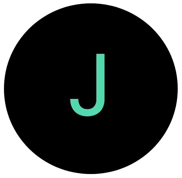 La letra j es verde en un círculo negro.