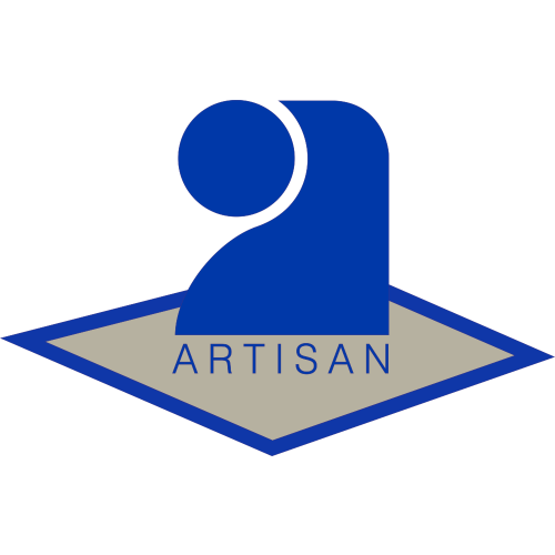 Logo Artisan bleu et beige avec une figure stylisée au-dessus du mot ARTISAN