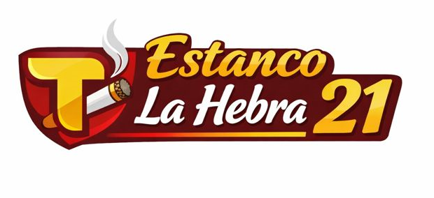 Logotipo para "Estanco La Hebra 21" con una "T" estilizada, cigarro con humo y texto en amarillo y blanco.