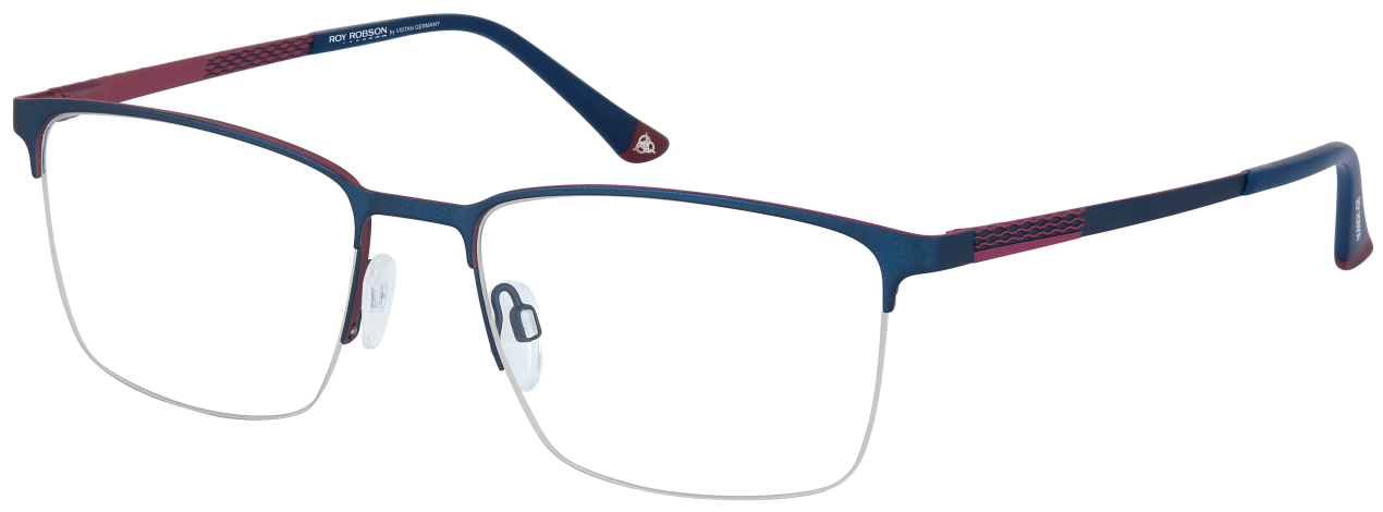 Eine blau-rote Brille auf weißem Hintergrund.