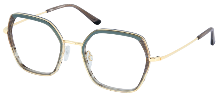 Eine Brille mit grün-goldenem Rahmen auf weißem Hintergrund.