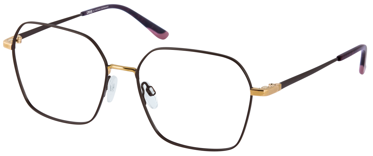 Eine schwarz-goldene Brille auf weißem Hintergrund.