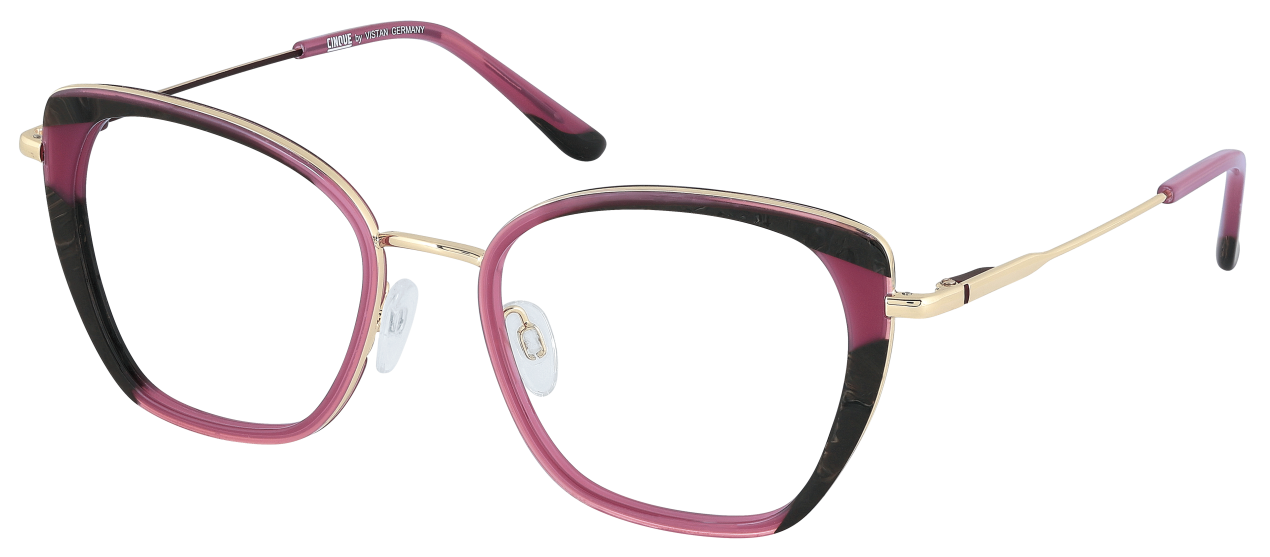 Eine violett-schwarze Brille auf weißem Hintergrund.