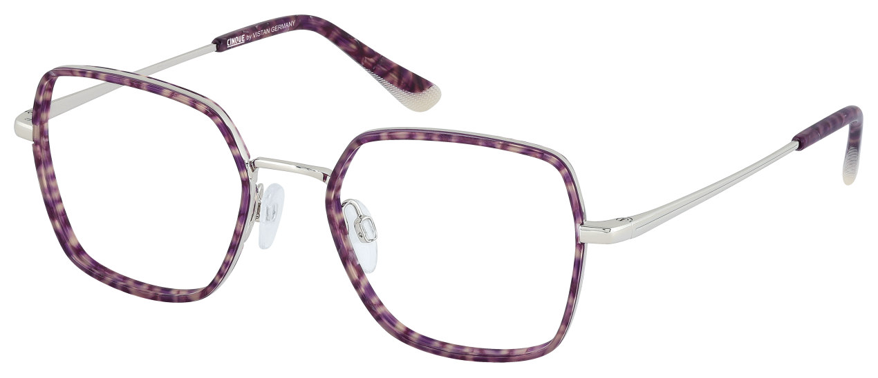 Eine violette Brille mit silbernem Rahmen auf weißem Hintergrund.