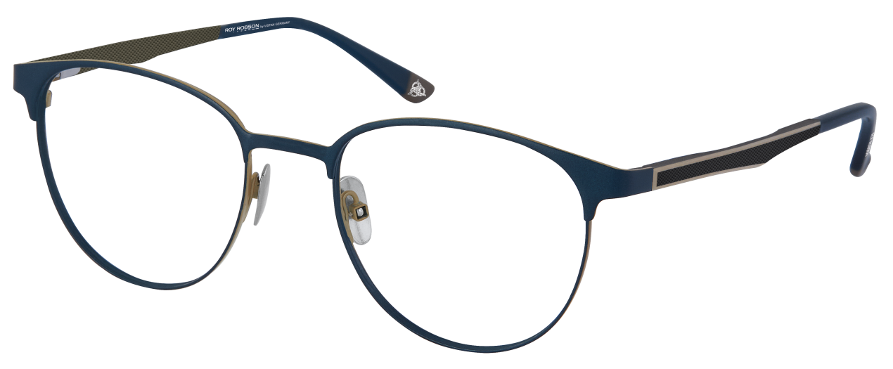 Eine blaue Brille auf weißem Hintergrund.