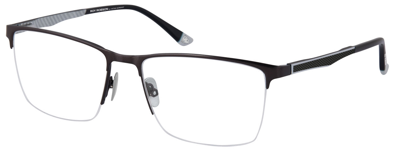 Eine Brille mit schwarzem Rahmen und klaren Gläsern auf weißem Hintergrund.