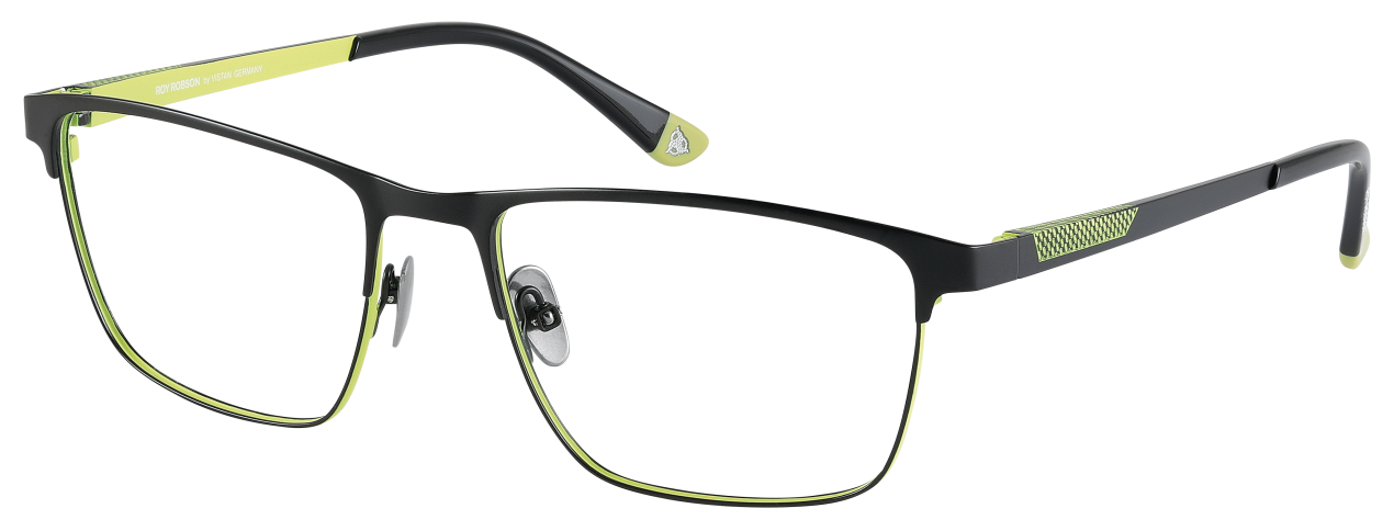 Eine schwarz-gelbe Brille auf weißem Hintergrund.