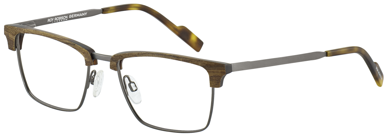Eine Brille mit Holzrahmen auf weißem Hintergrund.