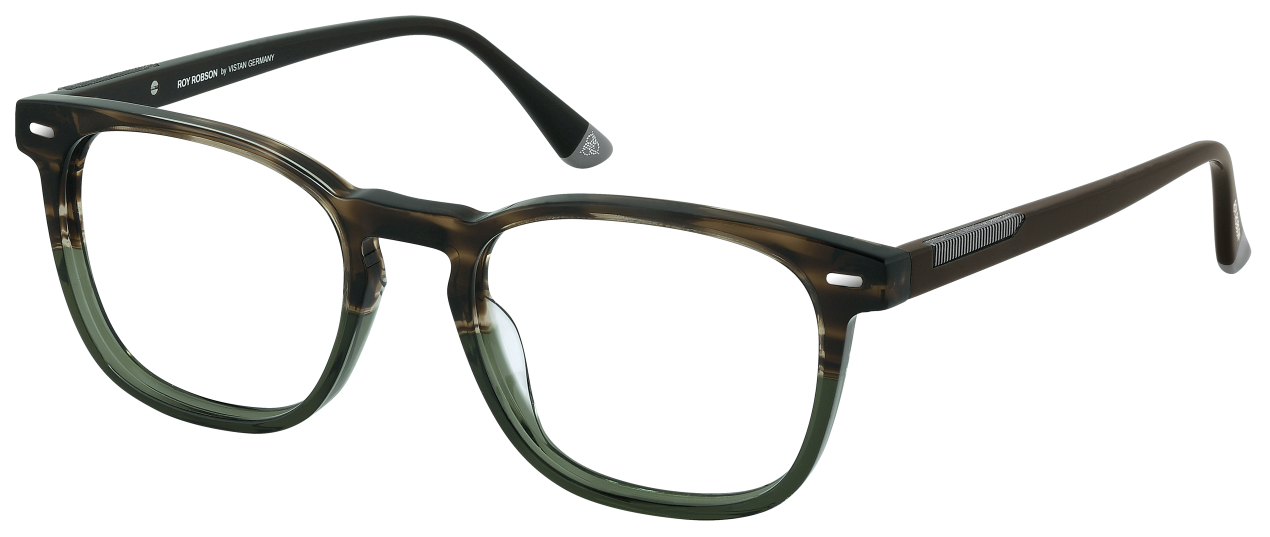 Eine Brille mit braunem Rahmen und grünen Gläsern auf weißem Hintergrund.