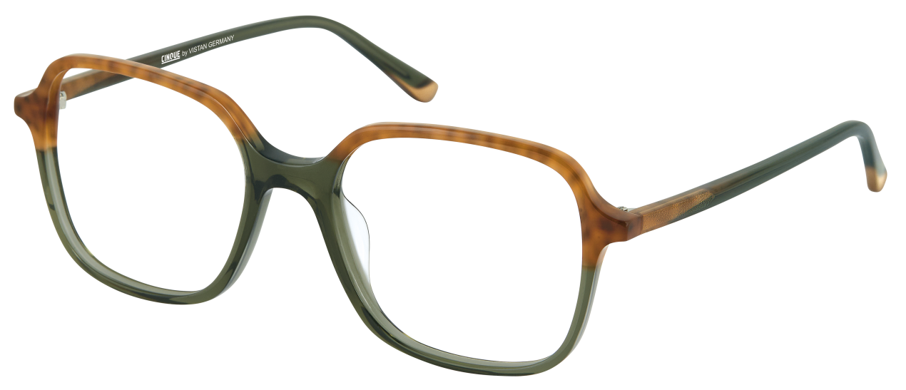 Eine braun-grüne Brille auf weißem Hintergrund.