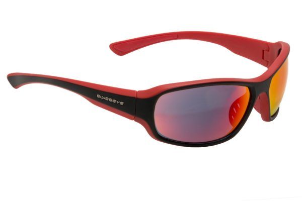 Eine rot-schwarze Sonnenbrille mit roten Gläsern