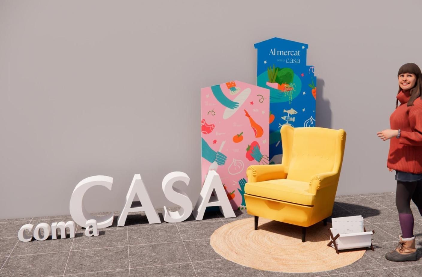 Mujer junto a un sillón amarillo y un cartel de CASA en un evento con obras de arte coloridas.