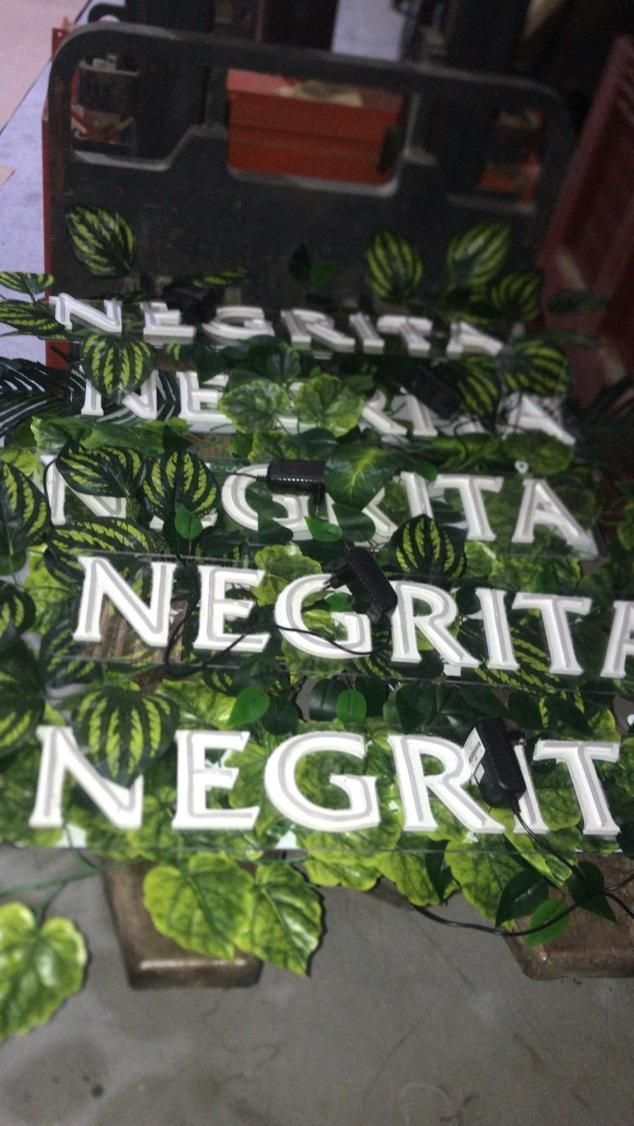 Letreros con la palabra “NEGRITA” en letras blancas rodeadas de hojas artificiales de color verde.
