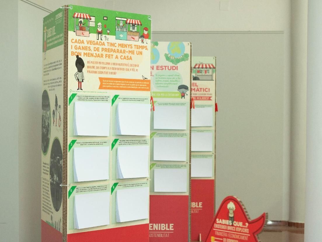 Expositores con notas adhesivas en blanco y gráficos coloridos.