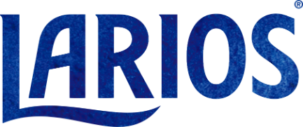 Logotipo para la marca Larios en fuente azul sobre fondo blanco, con una línea azul curva debajo de la 