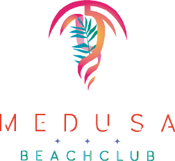 Logotipo de Medusa Beach Club: diseño abstracto en rosa, naranja y verde azulado con hojas de palmera y texto debajo.