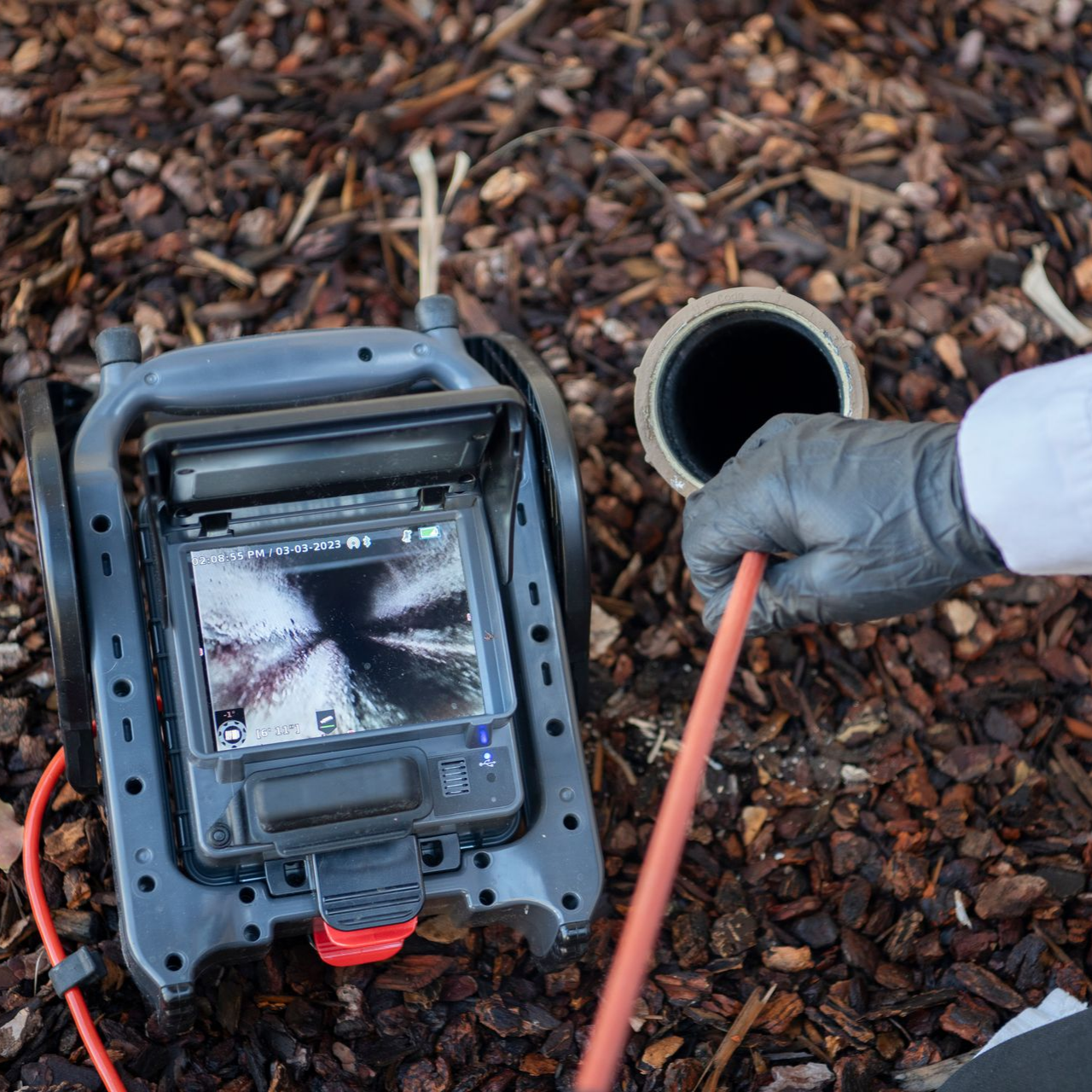 Plombier inspectant une canalisation d'égout à l'aide d'une caméra, en extérieur. Gants noirs, écran, fond de paillis brun.