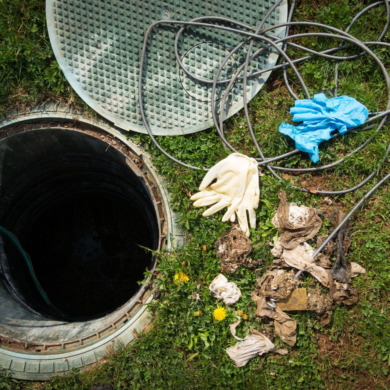 Fosse septique ouverte avec son couvercle.