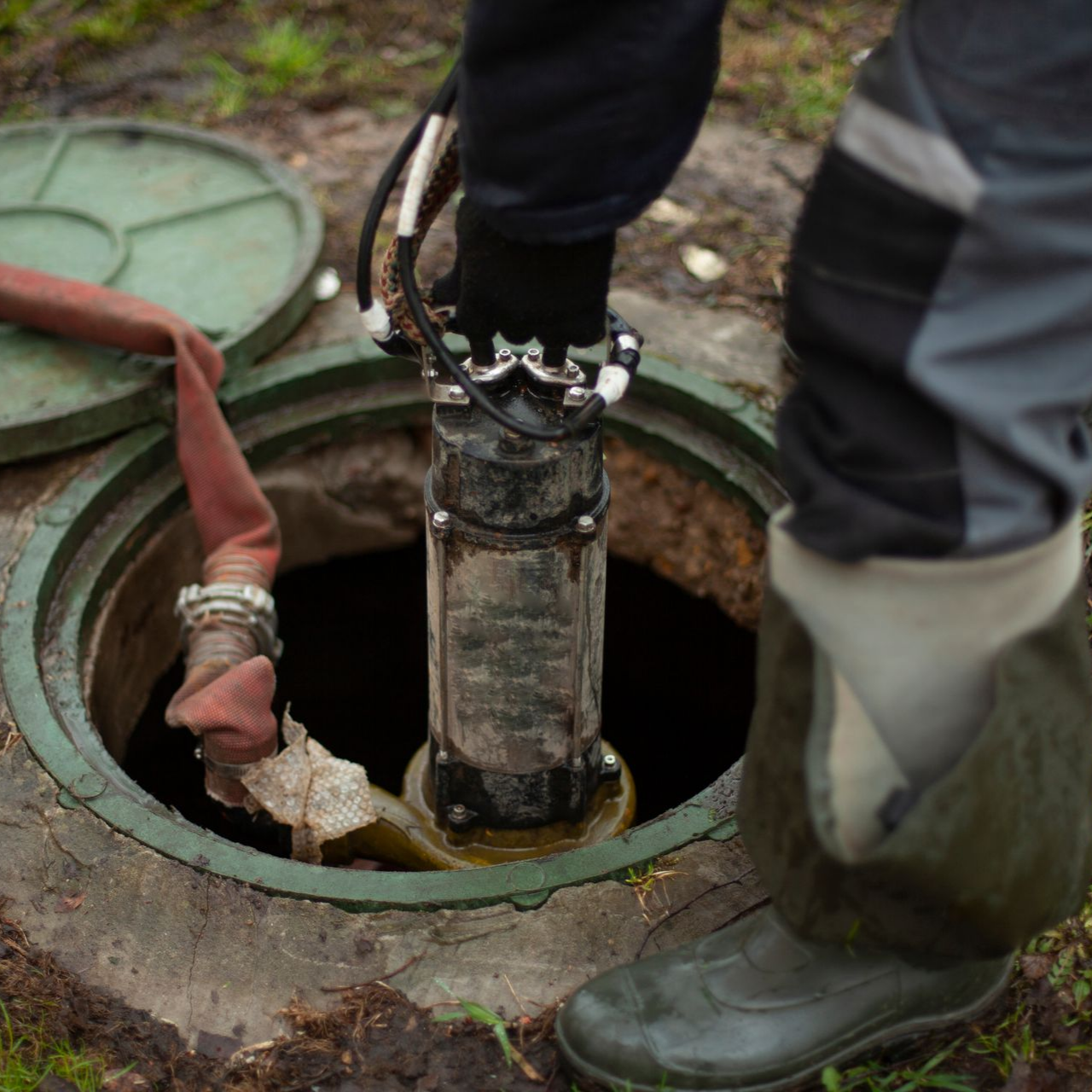 Une personne sortant une pompe submersible d'un regard.