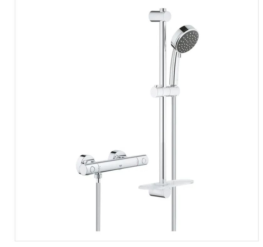 Système de douche chromé avec douchette, barre réglable et mitigeur thermostatique.