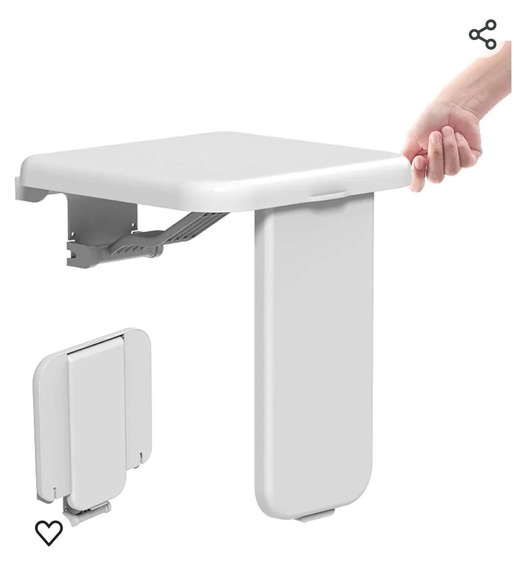 Siège de douche pliable blanc fixé au mur.