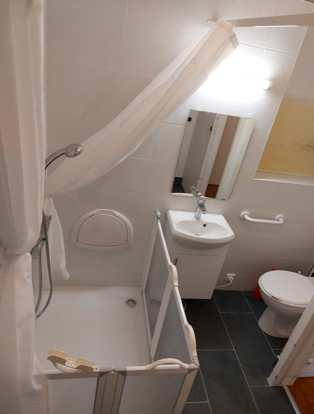 Petite salle de bains accessible avec douche, toilettes, lavabo et barre d'appui. Murs blancs, sol gris.