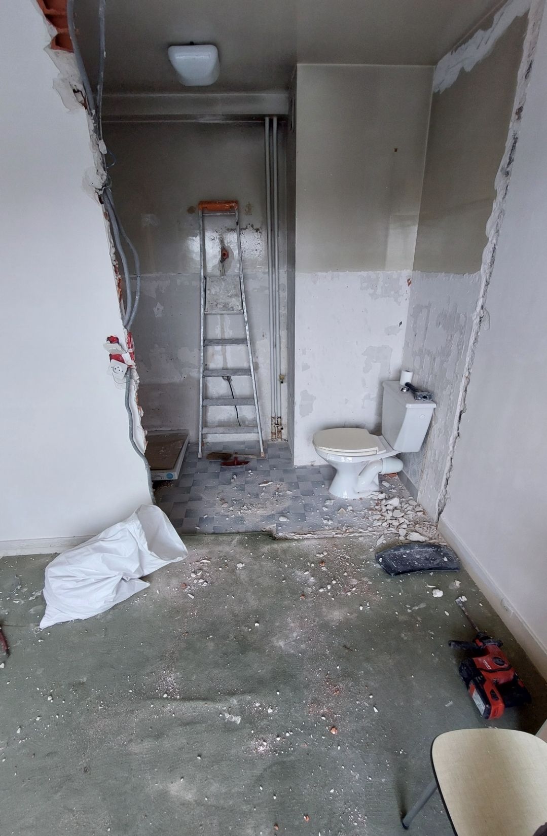 Salle de bains en cours de démolition : toilettes, échelle et montants muraux apparents. Sol en béton, débris.