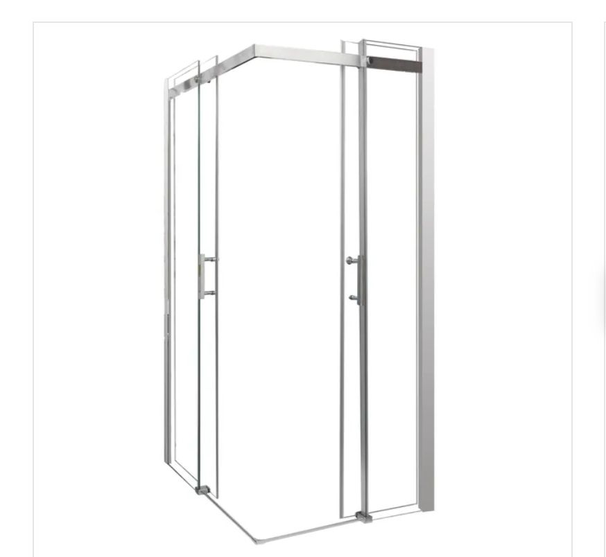 Cabine de douche d'angle sans cadre, avec verre transparent et cadre argenté.