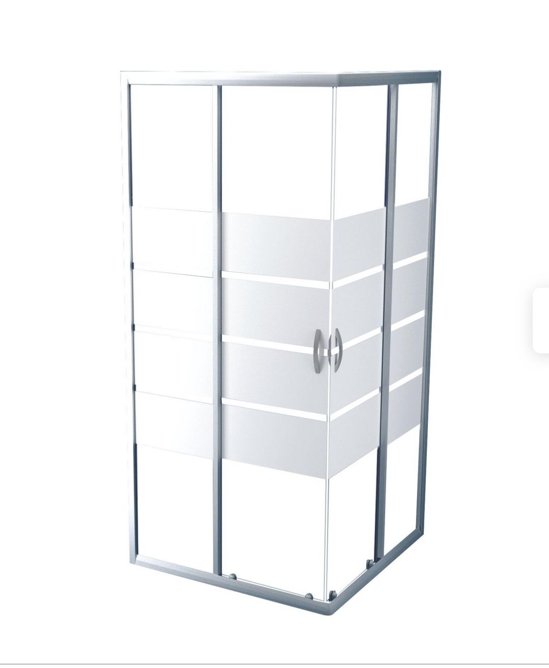 Cabine de douche carrée avec panneaux en verre dépoli et cadre chromé.