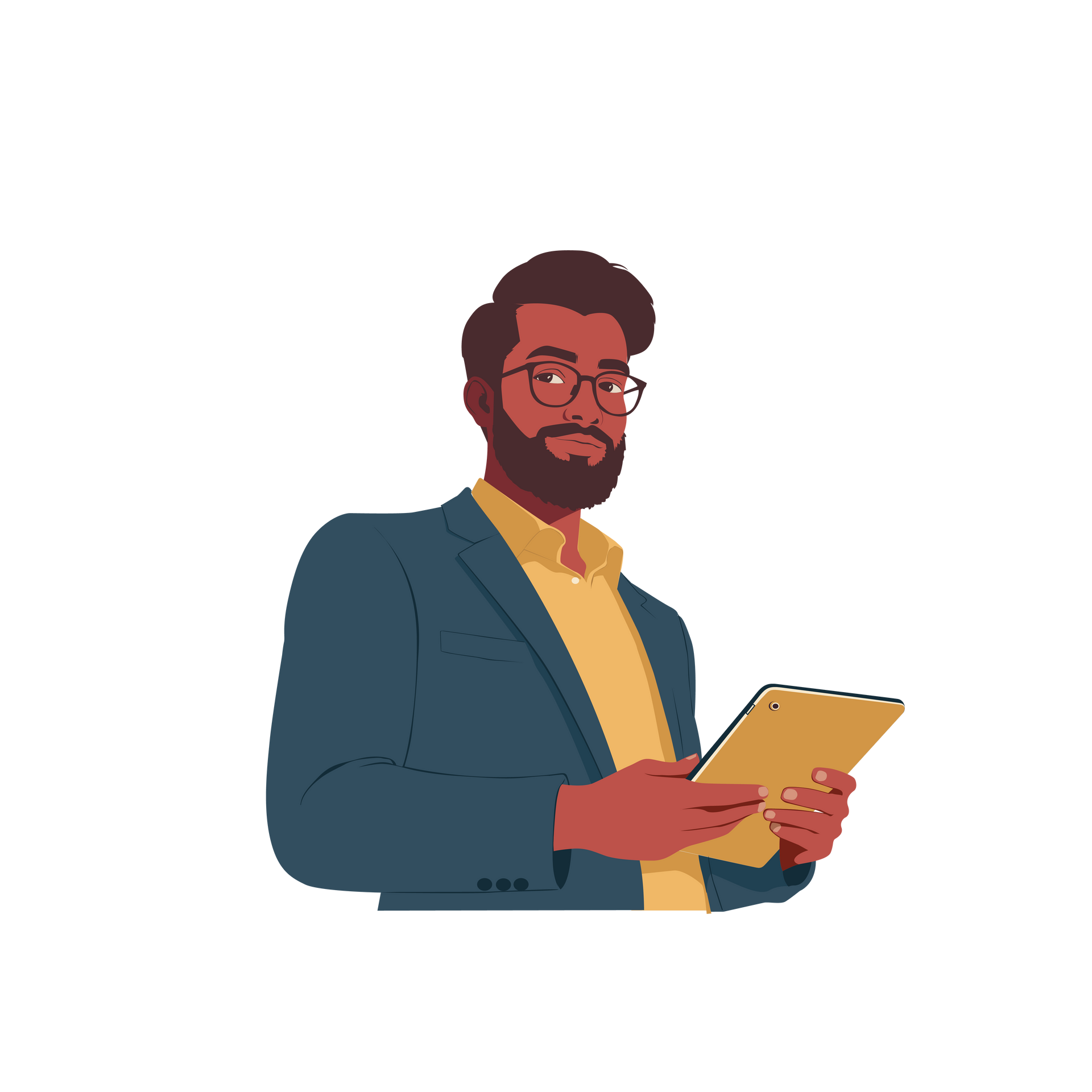 Man with a beard wearing glasses, holding a tablet and wearing a blue blazer over a yellow shirt.